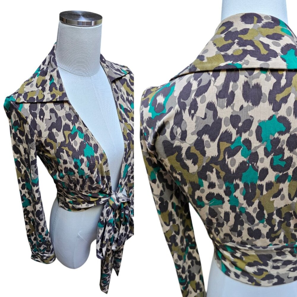 Diane Von Furstenberg Judy Wrap Silk Top Vintage Collection Camouflage C…